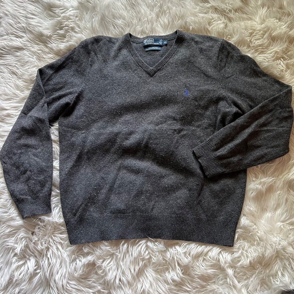 Polo by Ralph Lauren Men's 100% Lambs Wool Gray V Neck Sweater Size‎ XL